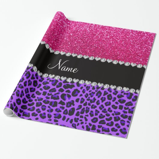 Aangepaste naam paarse leopard neon hot roze glitt cadeaupapier (Uitgerold)