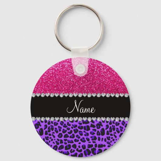 Aangepaste naam paarse leopard neon hot roze glitt sleutelhanger (Voorkant)