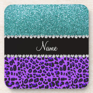 Aangepaste naam paarse leopard turquoise glitter onderzetter