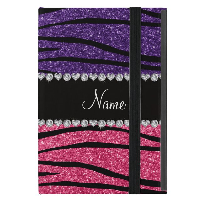 Aangepaste naam paarse roze glitter zebra stripe iPad mini hoesje (Voorkant Dicht)