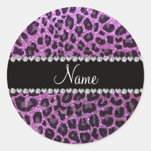 Aangepaste naam pastel paarse glitter leopard prin ronde sticker