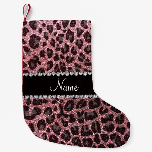 Aangepaste naam pastel roze glitter leopard print kleine kerstsok (Voorkant)