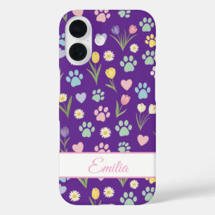 Aangepaste naam Paw Print & Hearts Telefoonhoesje iPhone 16 Hoesje