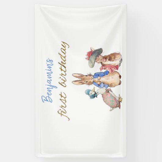Aangepaste Naam Peter het Konijn Eerste Verjaardag Spandoek (Verticaal)