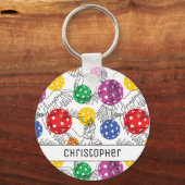 Aangepaste naam, Pickleball met 🦜 papegaaien, wit Sleutelhanger (Voorkant)