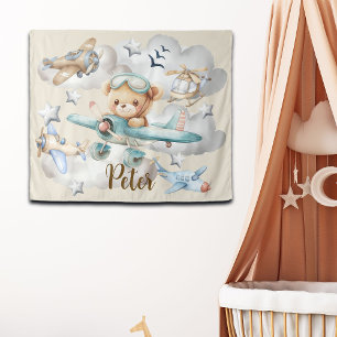 Aangepaste Naam Pilot Teddy Bear Achtergrond Wandkleed