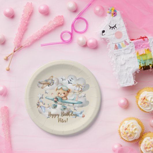 Aangepaste Naam Pilot Teddy Bear Verjaardagsfeest Papieren Bordje (Feest)