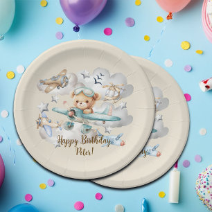 Aangepaste Naam Pilot Teddy Bear Verjaardagsfeest Papieren Bordje