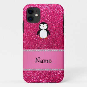 Aangepaste naam pinguïn roze glitter iPhone 11 hoesje