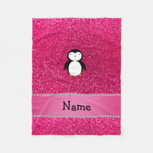 Aangepaste naam pinguïn roze glitter fleece deken