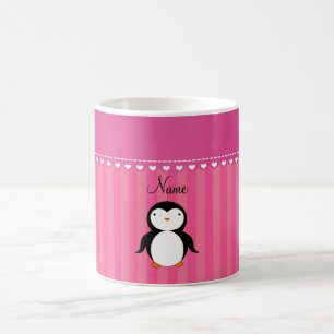 Aangepaste naam pinguïnroze strepen koffiemok
