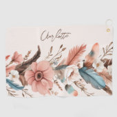 Aangepaste Naam Pink Boho Flower & Feathers Golfhanddoek (Horizontaal)