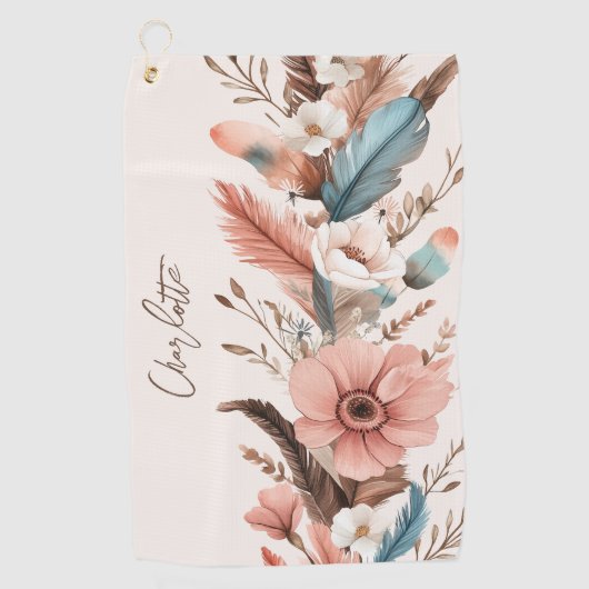 Aangepaste Naam Pink Boho Flower & Feathers Golfhanddoek (Voorkant)