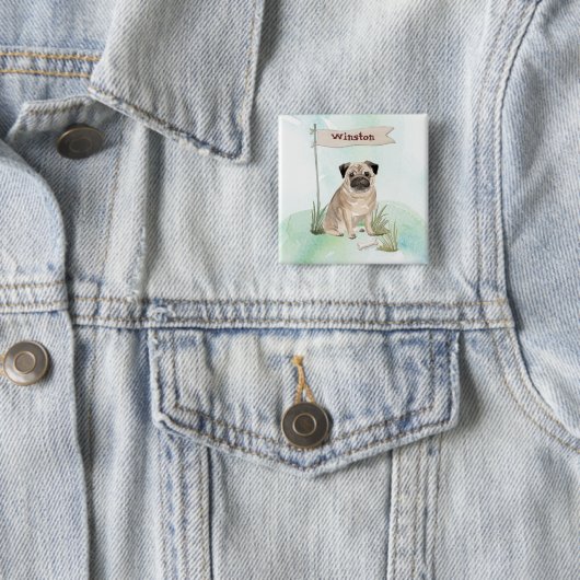 Aangepaste naam Pug Pet Dog Vierkante Button 5,1 Cm (In situ)
