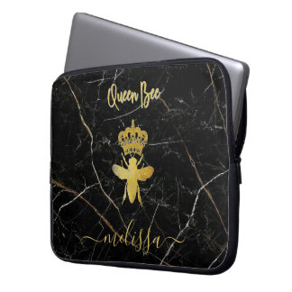 Aangepaste naam QUEEN BEE Zwarte Marmer Goud Laptop Sleeve