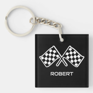 Aangepaste naam Racing Geruite Vlaggen Zwart Sleutelhanger