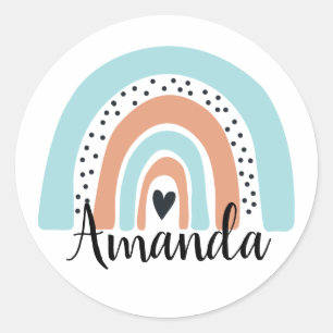 Aangepaste naam Rainbow Heart Blue Peach Ronde Sticker