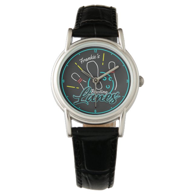 Aangepaste naam Retro Faux Neon Bowler Bowling Lan Horloge (Voorkant)