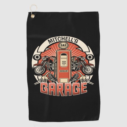 Aangepaste NAAM Retro Gaspomp motorfiets Golfhanddoek (Voorkant)