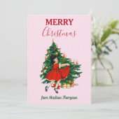 Aangepaste naam Retro Kerstmis - kerstboom roze Feestdagenkaart (Staand voorkant)