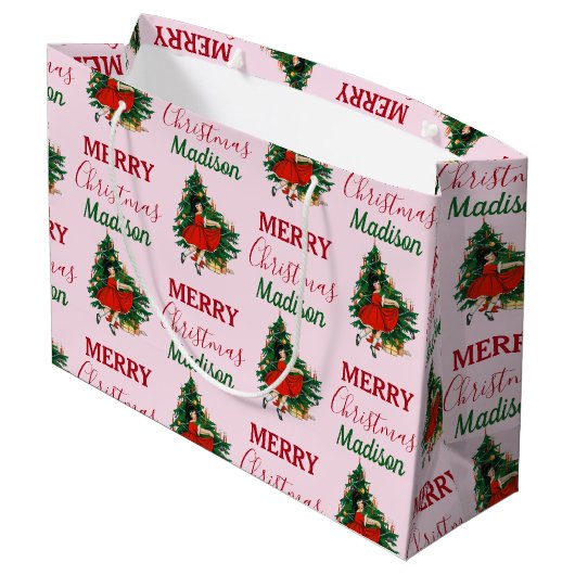 Aangepaste naam Retro Kerstmis - kerstboom roze Groot Cadeauzakje (Achterkant Gekanteld)