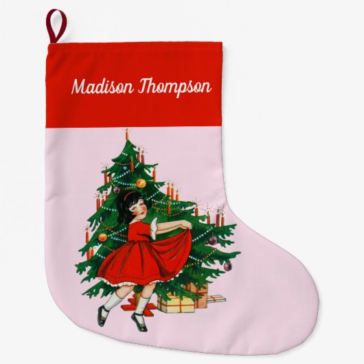 Aangepaste naam Retro Kerstmis - kerstboom roze Grote Kerstsok (Voorkant)