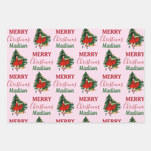 Aangepaste naam Retro Kerstmis - kerstboom roze Inpakpapier Vel (Voorkant 2)