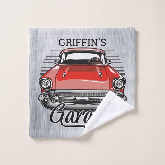 Aangepaste NAAM Retro Red Classic Car Garage Bad Handdoek (Wasdoekje)