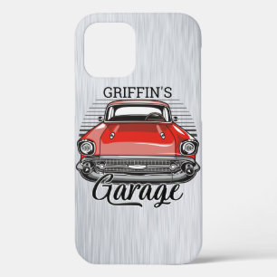Aangepaste naam Retro Red Classic Car Garage iPhone 12 Hoesje