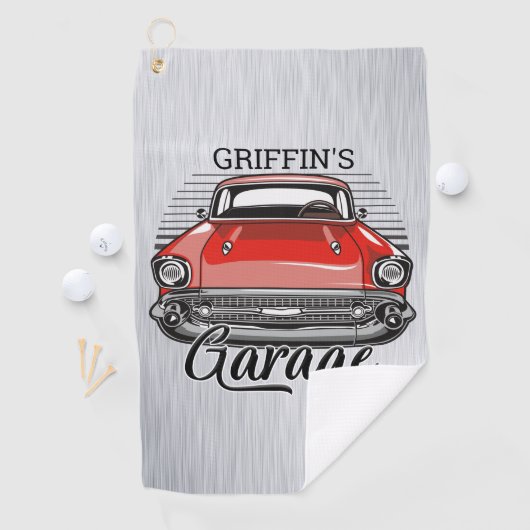 Aangepaste NAAM Retro Red Classic Car Garage Golfhanddoek (Insitu)