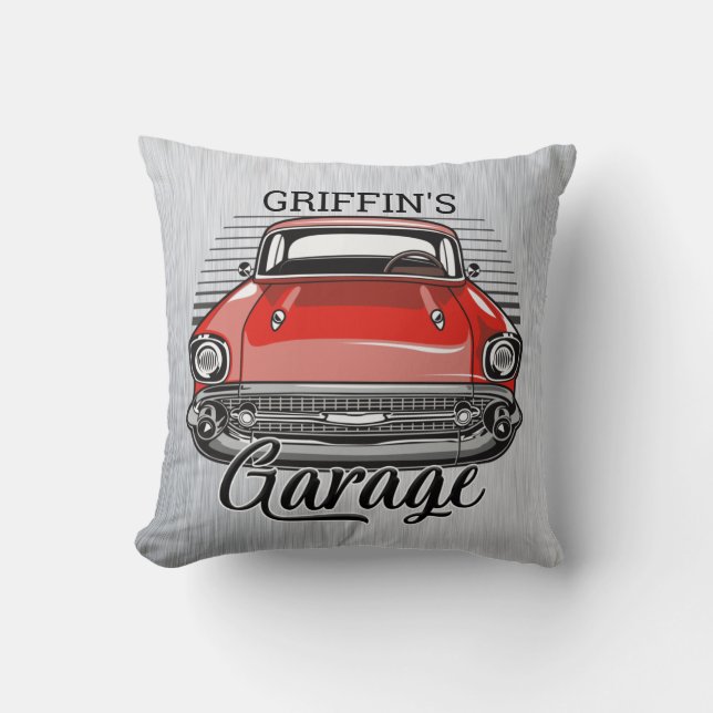 Aangepaste NAAM Retro Red Classic Car Garage Kussen (Voorkant)