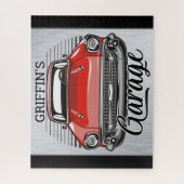 Aangepaste NAAM Retro Red Classic Car Garage Legpuzzel (Verticaal)