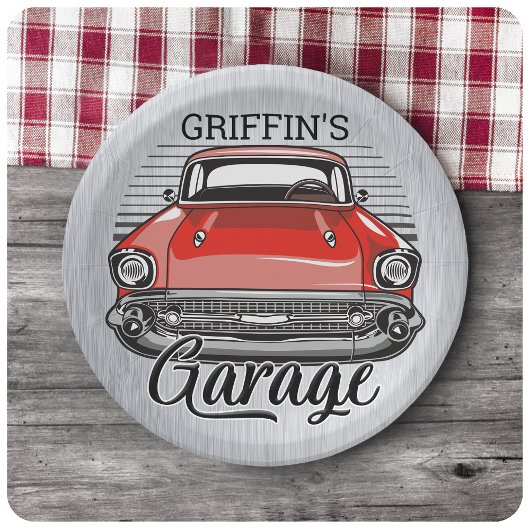Aangepaste NAAM Retro Red Classic Car Garage Papieren Bordje