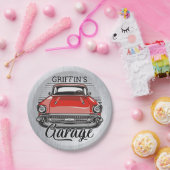 Aangepaste NAAM Retro Red Classic Car Garage Papieren Bordje (Feest)