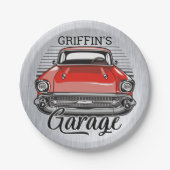 Aangepaste NAAM Retro Red Classic Car Garage Papieren Bordje (Voorkant)
