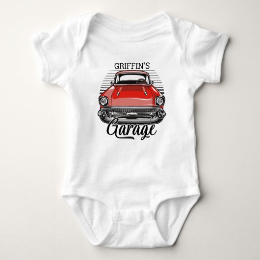 Aangepaste NAAM Retro Red Classic Car Garage Romper (Voorkant)