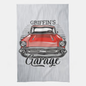 Aangepaste NAAM Retro Red Classic Car Garage Theedoek (Verticaal)