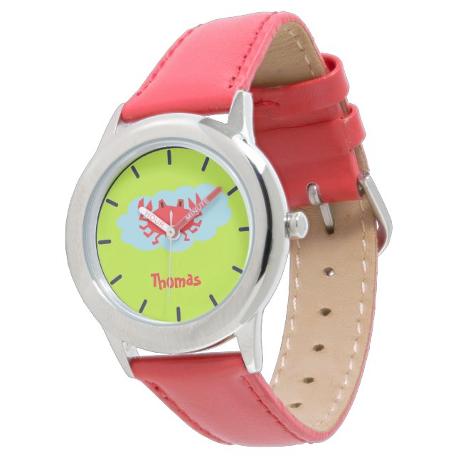 Aangepaste naam rode krab op blauw en groen horloge (Gekanteld)