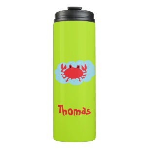 Aangepaste naam rode krab op blauw en groen thermosbeker
