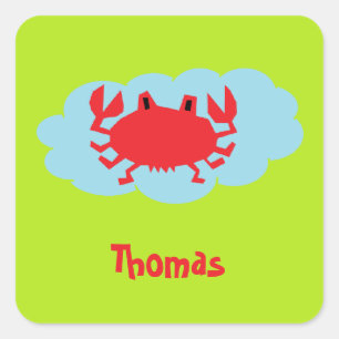 Aangepaste naam rode krab op blauw en groen vierkante sticker