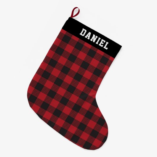 Aangepaste naam Rood en Zwart Buffel Checks Plaid Grote Kerstsok (Voorkant (Hangend))