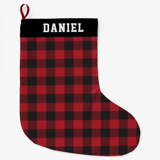 Aangepaste naam Rood en Zwart Buffel Checks Plaid Grote Kerstsok (Voorkant)