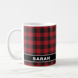 Aangepaste naam rood & zwart Buffalo geruit tartan Koffiemok