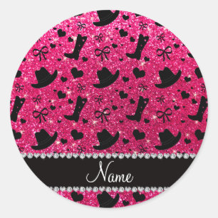 Aangepaste naam roos roze glitter cowboy boots pet ronde sticker