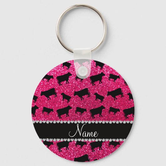 Aangepaste naam roos roze glitter koeien sleutelhanger (Voorkant)