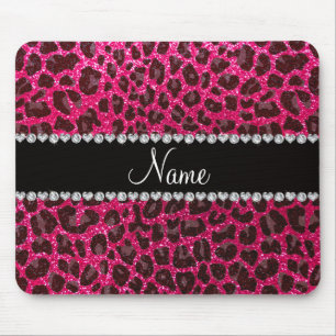 Aangepaste naam roos roze glitter leopard print muismat