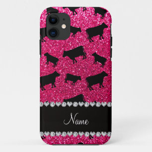 Aangepaste naam roos roze glitterkoeien iPhone 11 hoesje