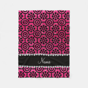 Aangepaste naam roos roze glitterretro bloemen fleece deken