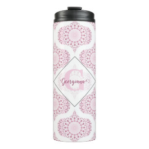 Aangepaste Naam Roze 70s Confetti Lace Mandala Thermosbeker