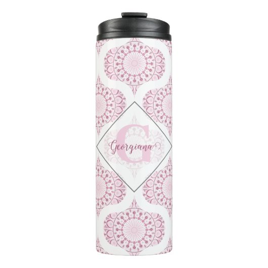 Aangepaste Naam  Roze 70s Confetti Lace Mandala Thermosbeker (Voorkant)